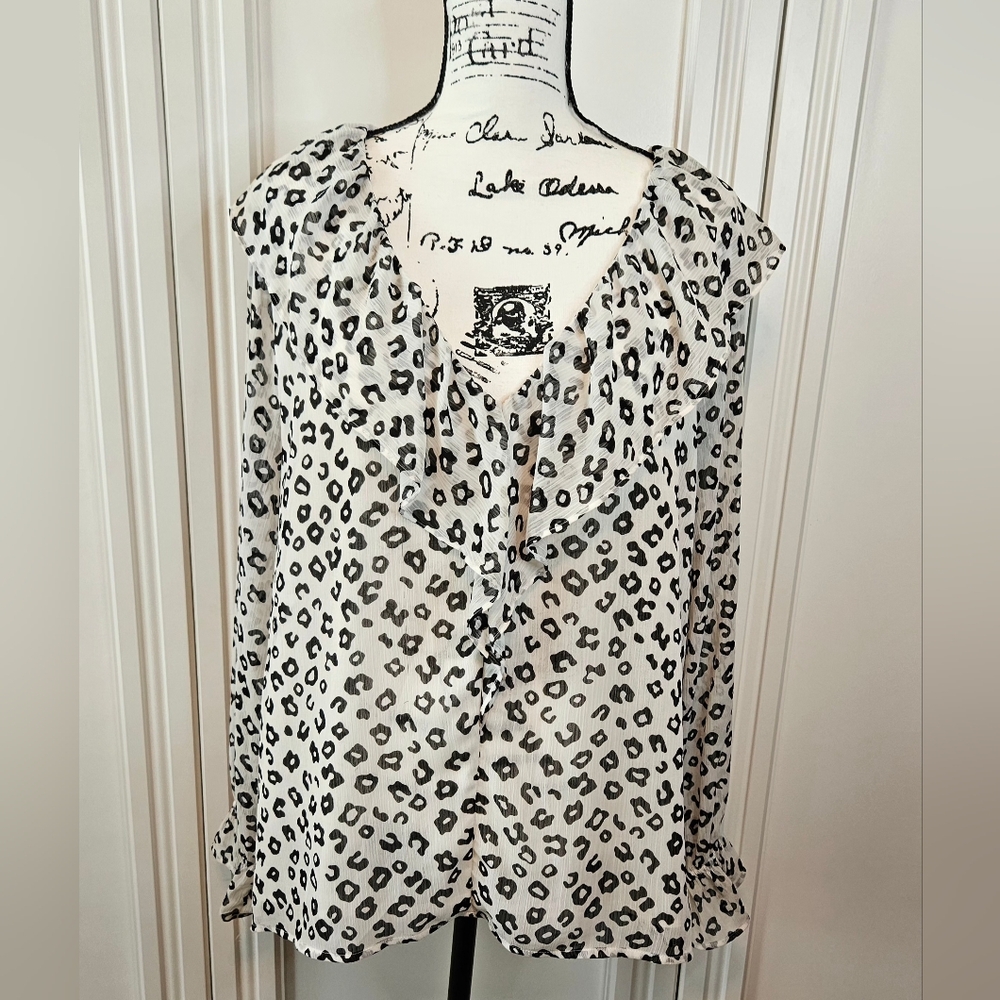 LOFT Black and White Ruffled Bib Collar Blouse, Fully Lined